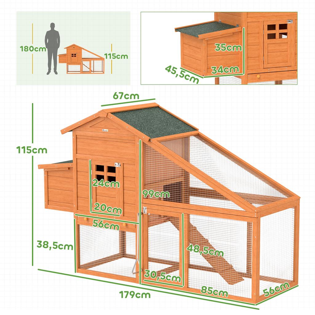 Wooden Chicken Coop with Run, Nesting Box, Slide-out Tray, Ramp, Perches, Asphalt Roof, 179 X 67 X 115cm