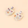 French court style colored rhinestone light luxury shield earrings, fashionable temperament niche design earrings