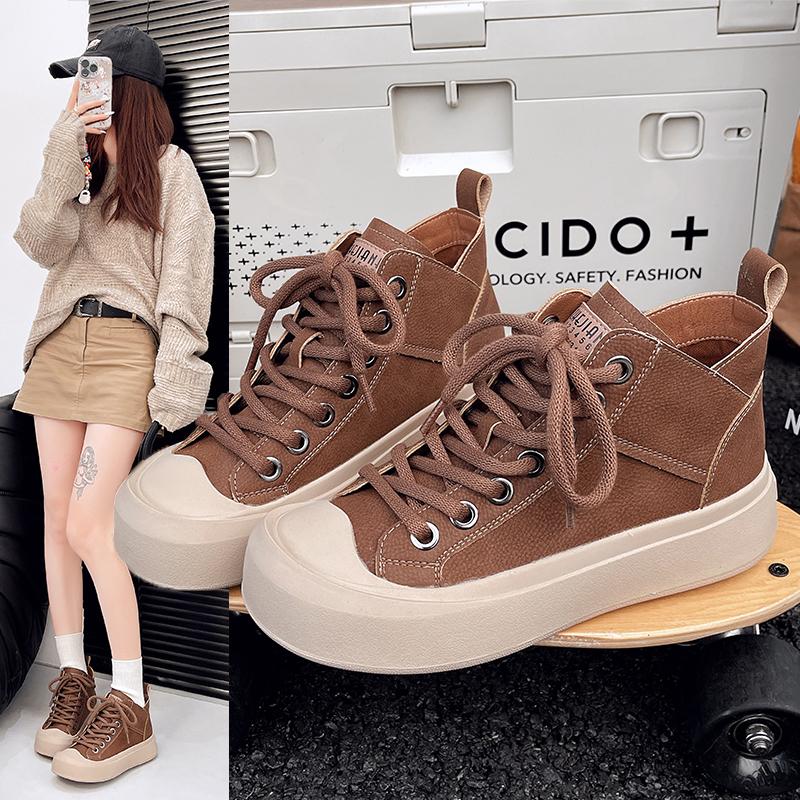 Fashion Women's Lace-Up High-Top Shoes Autumn Winter New Style Retro Platform Soft-Sole Mid-Heel Ankle Boots