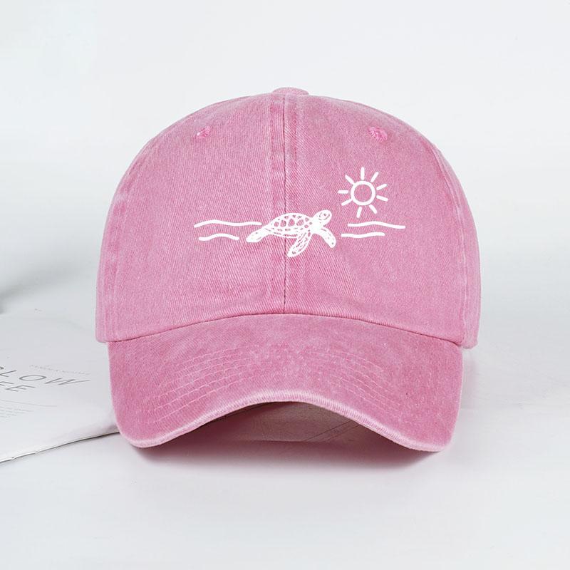 Vintage Washed Baseball Cap with Turtle, Sun, and Wave Print  Unisex Cap Perfect for Beach Vacations, Camping, and Fishing