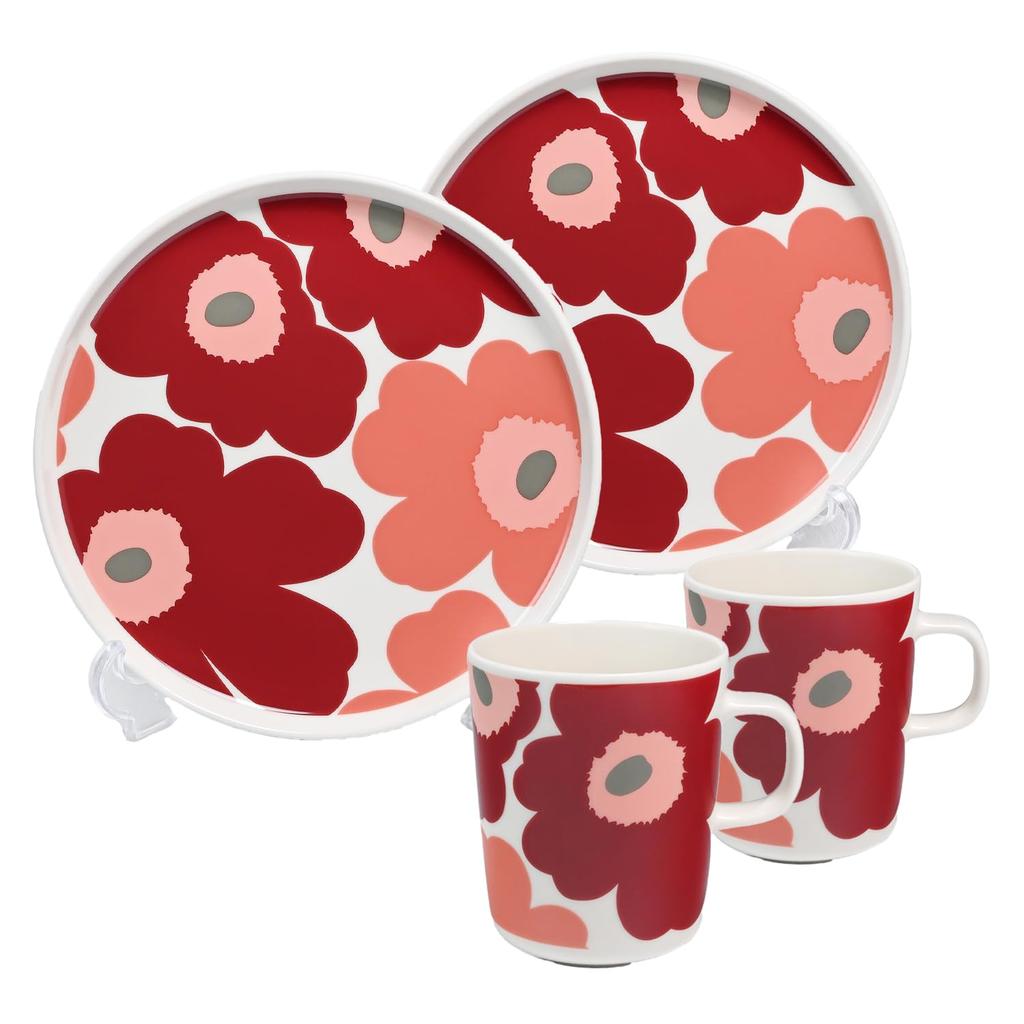 Marimekko Pair 250ml Mug and 20cm Unikko Dark Cherry and Salmon 73702 073702 Cup and Medium Nordic Western Tableware Set Plate, Red, 133, Plate,