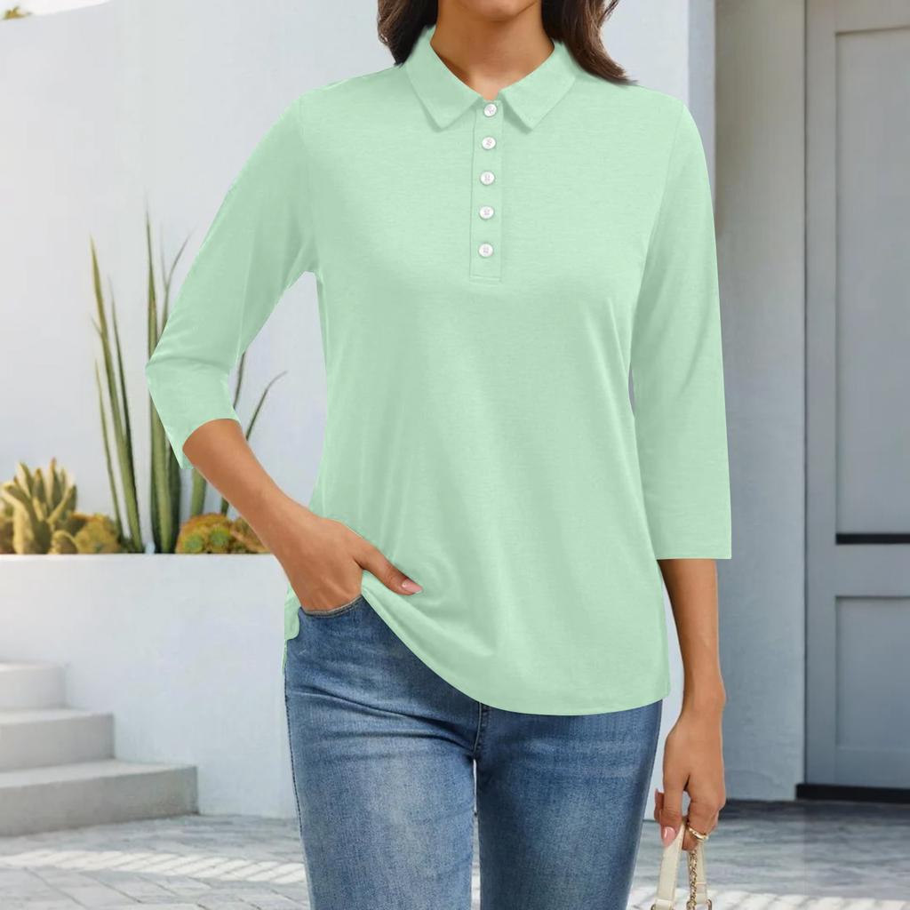 Women's Fashion Casual Lapel Short 3/4 Sleeve Solid Color Shirt Women's Button Up Tops