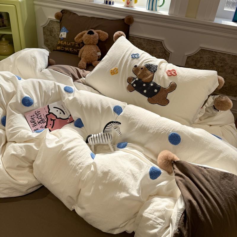 Cartoon Embroidery Bedding Set Dorm Bed Sheet Pillowcase Comforter Cover Soft Home Textile
