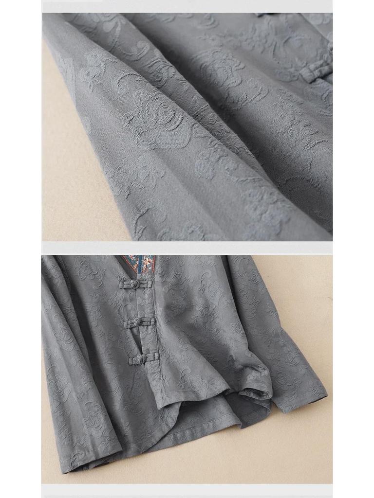 Damen Retro Chinesisch Besticktes Baumwoll-Leinen Langarm Hanfu Hemd