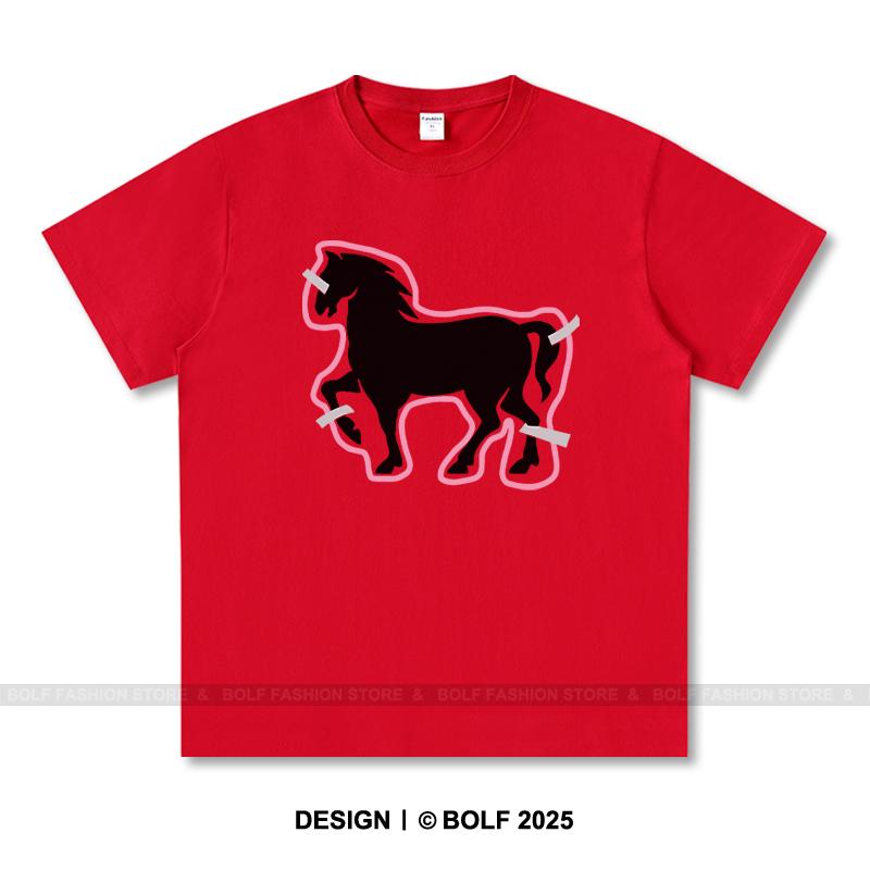 Women's Paper-Cut Art Horse Printed T-Shirt 100% Cotton Oversized Folk Graphic Tees for Men Summer Tops Cultural Streetwear