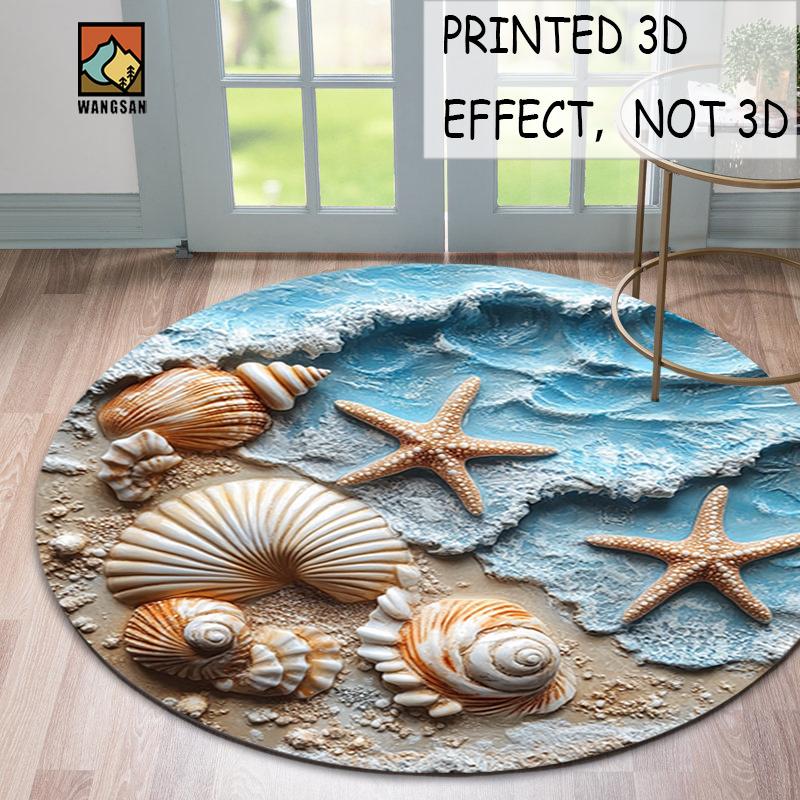 Printed 3D Beach Shell Starfish Round Rug Ocean Wave Sand Texture Flannel Carpet Bathroom Entryway Coastal Decor Seaside Themed