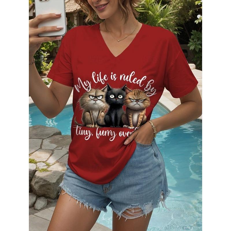 Summer Women's T-Shirt Animal Cat Print Graphic T Shirts Fashion Casual Top Women Oversized V-Neck Women's Clothing