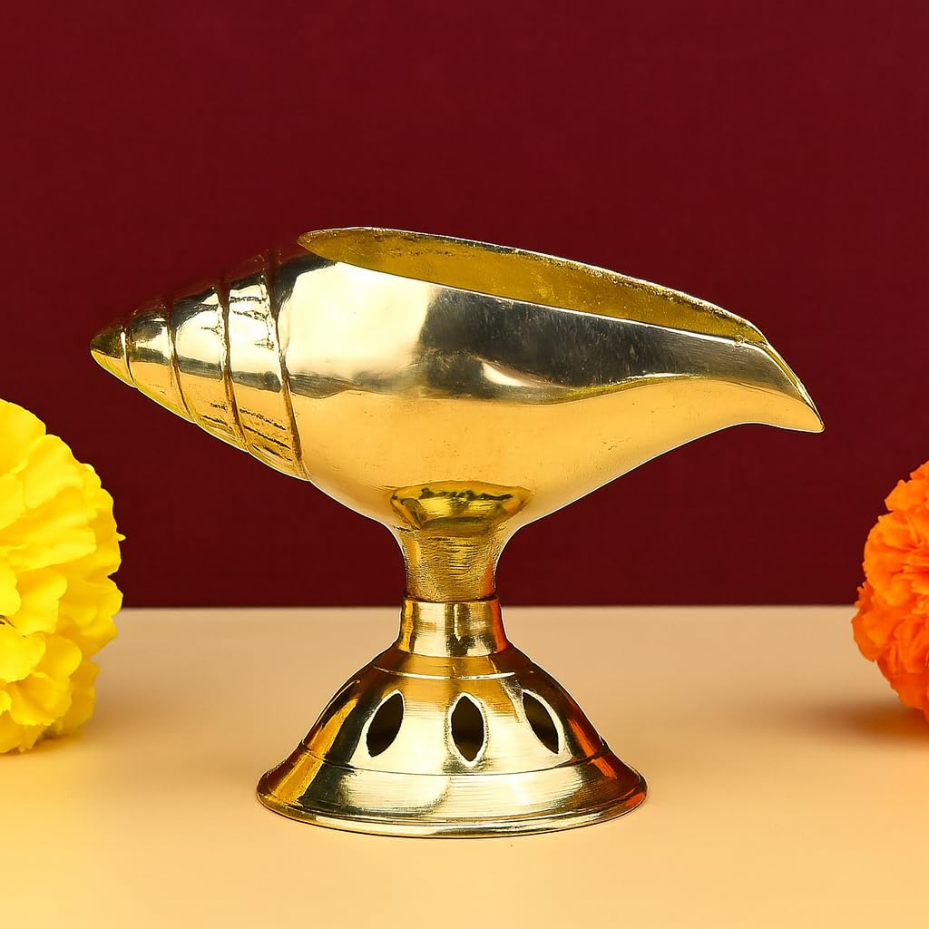 Pure Brass Akhand Diya, Shankh Shape Brass Diya Deepak, Villakku for Diwali Lakshami Poojan, Daily Worship Diwali Gifts