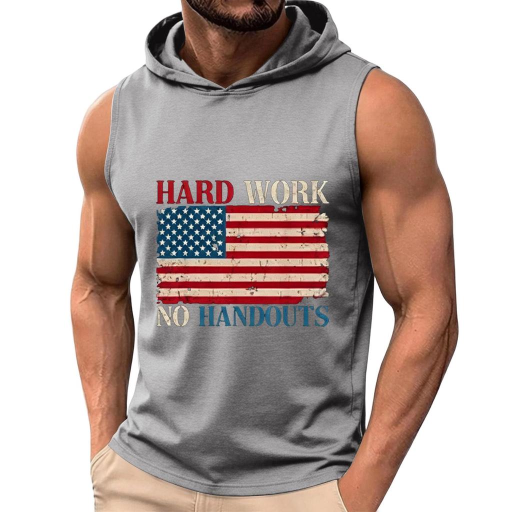 Men's Sleeveless Hoodie Tank Top Casual Muscle Shirt with American Flag Graphic Print Hard Work No Handouts Design for Summer