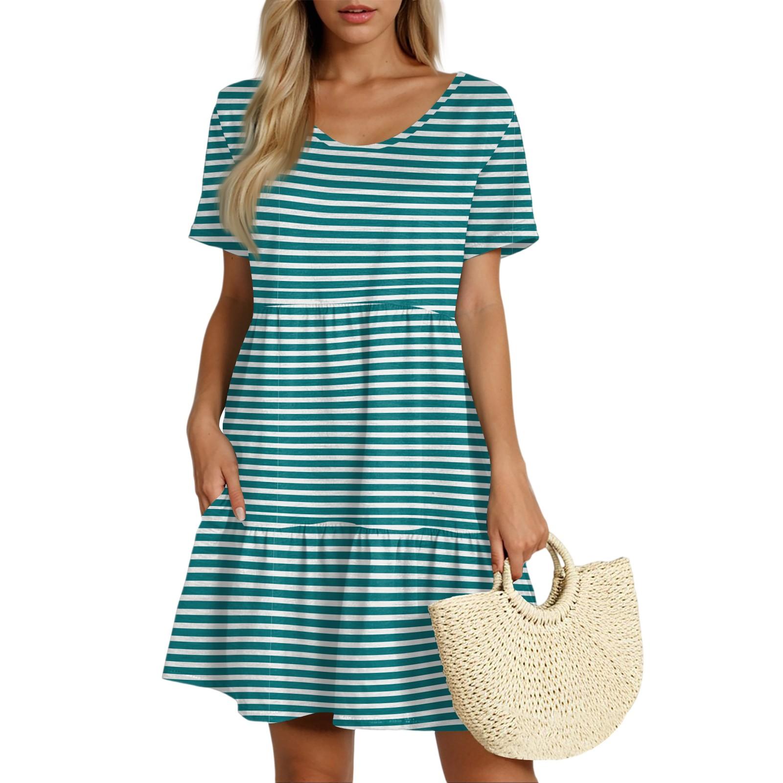 

Women s Casual Fashion Round Neck Short Sleeve Striped Print Cake Skirt XXL