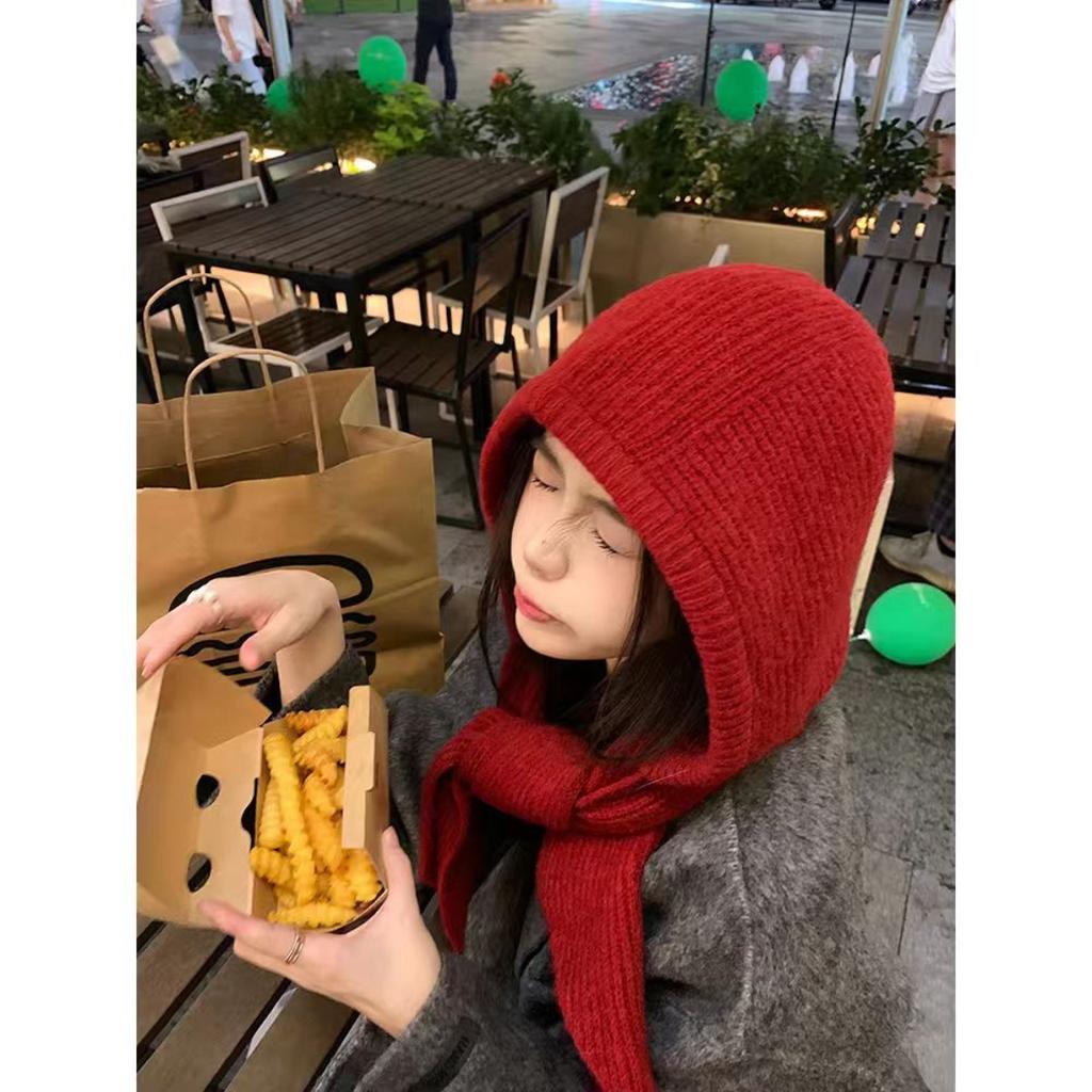 Red Hat Women's Autumn/Winter Warm Knitted Hat Scarf One Piece Hooded Neck Knitted Hat Winter