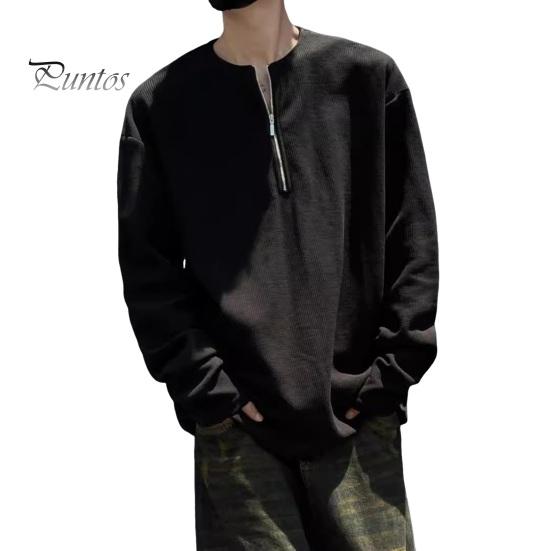 

Мужской осенне-весенний топ с круглым вырезом, свободный, однотонный, с вафельной текстурой, с застежкой-молнией на половину длины, повседневная спортивная, школьная, рабочая толстовка M чёрный