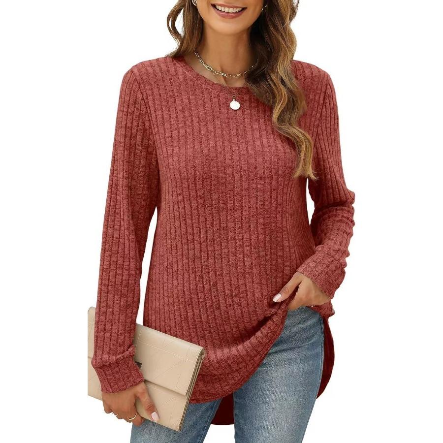 Autumn Winter Square Neck Stretch Rib Knit Top Solid Color Long Sleeve Loose T-shirt