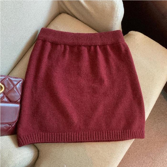 

Pure Desire Korean Thick Knit Midi Skirt - Autumn/Winter Retro Elastic High Waist, Petite A-line Bodycon for Women One Size червоний