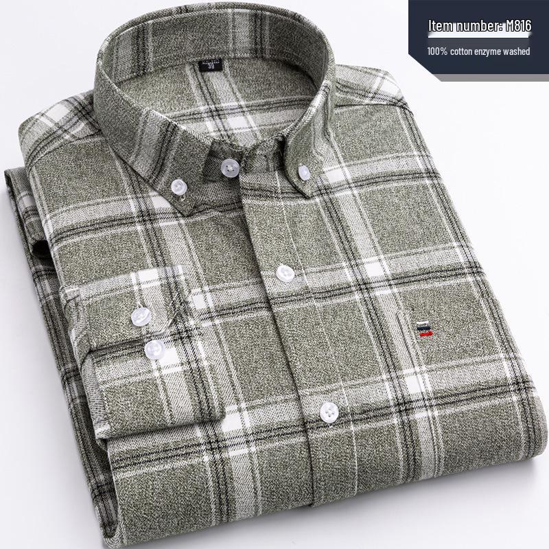 Men's Plaid Cotton Long Sleeve Slim Fit Shirt - Non-Iron, Plus Size, Casual Business Attire for Middle-Aged and Elderly