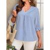 Light Blue Striped Shirt, Fashionable Commuter Versatile Bell Sleeve Pullover V-neck Top for Women