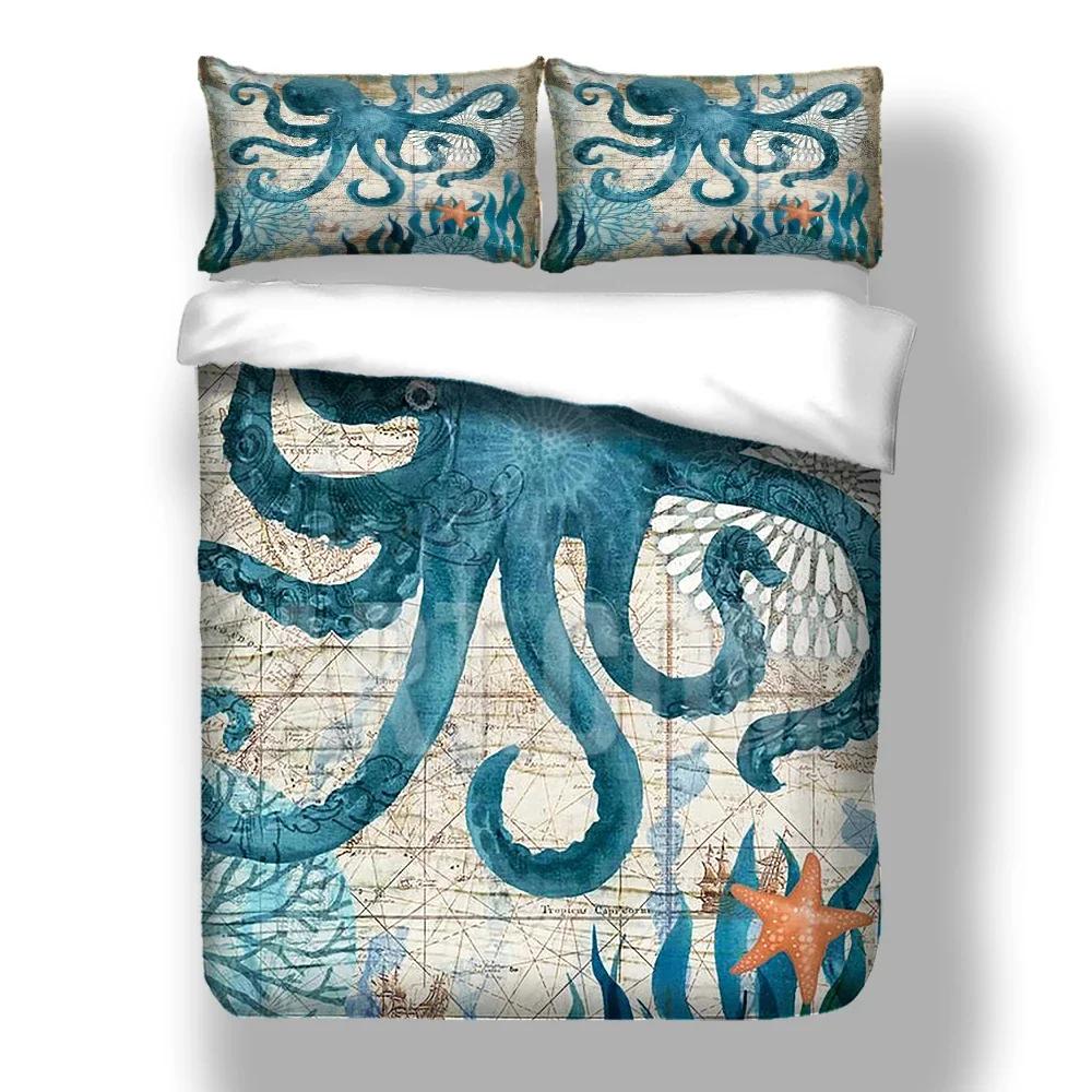 Comforter 3D Starfishseaweed +Pillow Case Print Octopus Winter Home Bedding Set King Size Breathable Set Blue Aq
