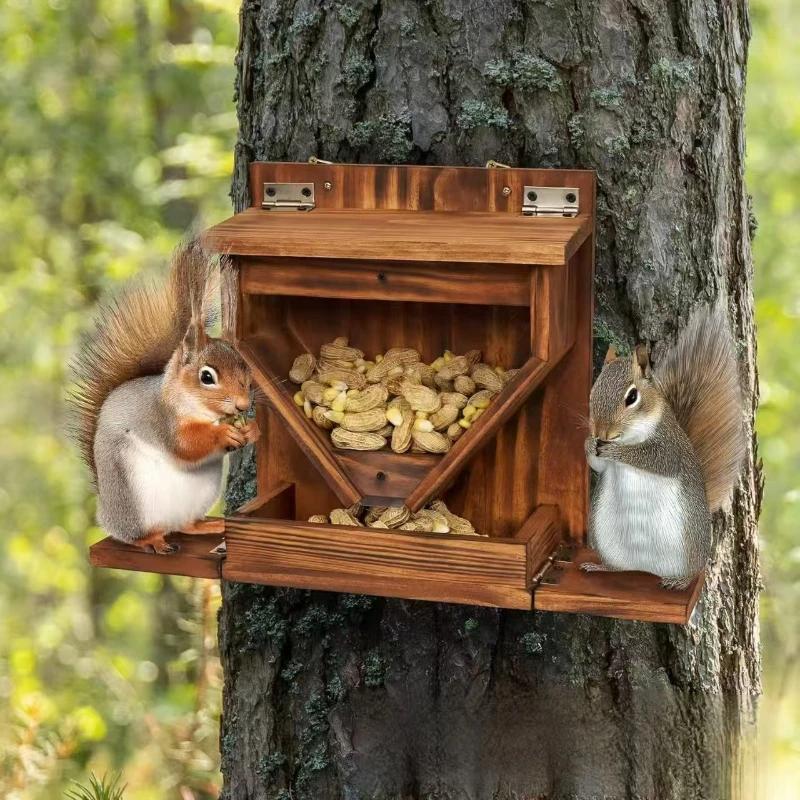 Natural Wood Squirrel Feeder, Hanging Wildlife Feeding Dish for Garden & Patio, Attracts Squirrels, Birds, and Chipmunks, Rustic