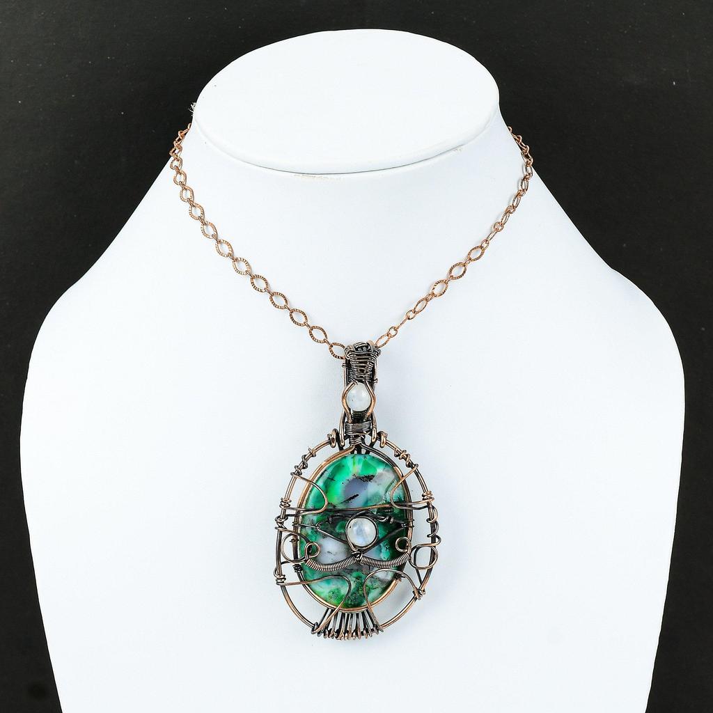 Evil Eye Green Dendrite Opal Pendant Copper Wire Wrapped Pendant Handmade Pendant Gemstone Jewelry Moonstone Pendant Evil Eye Wire Jewelry