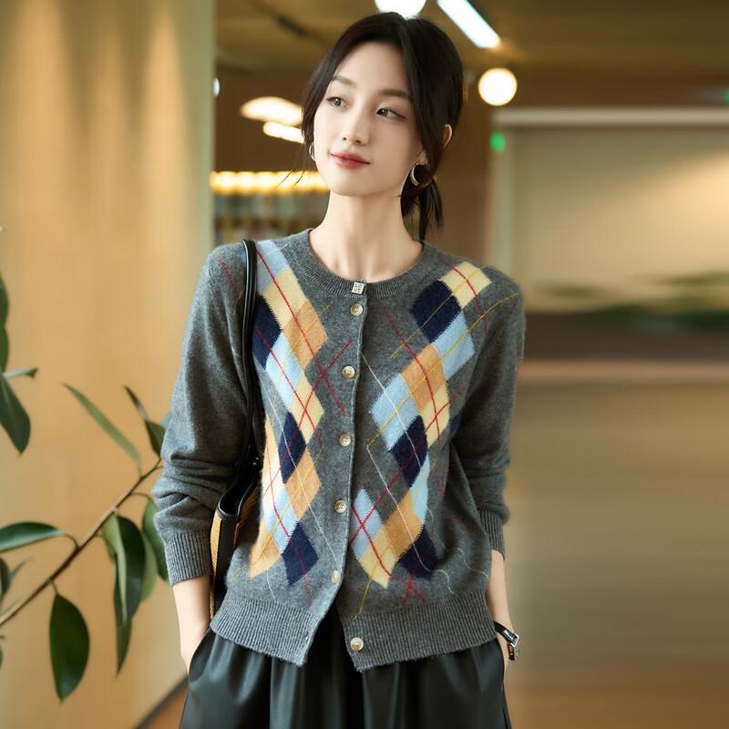 Zhen Xu Women's Merino Wool Argyle Color Block Cardigan