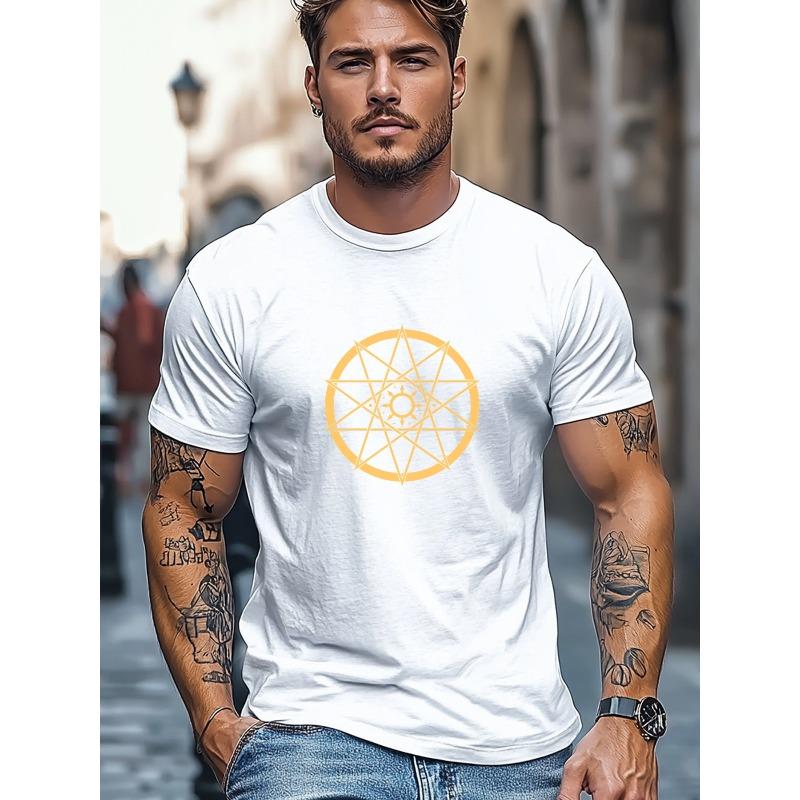 European Size Men'S T-Shirt, Easy And Clean, Easygoing And Casual, Featuring a Star-Shaped Geometric Pattern for Summer with a Short Round Neck