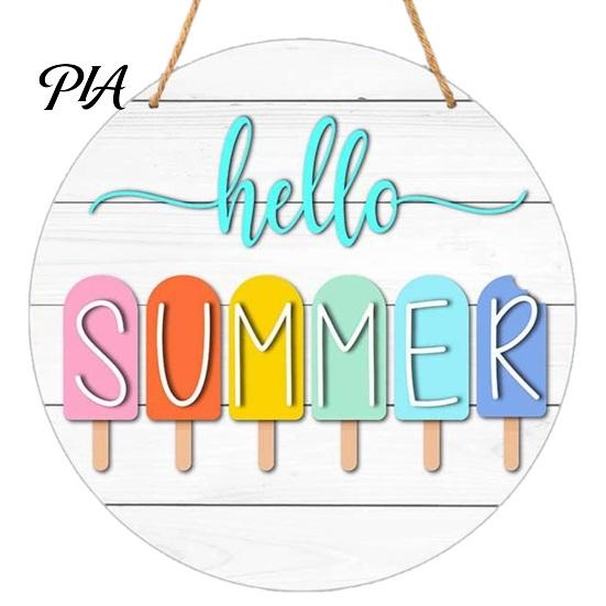 Outdoor Patio Decor Hello Summer Door Sign, Ice Pop Flip Flop Welcome Hanger, Party Decoration Farmhouse Hanging Wooden Wreath for Front Home