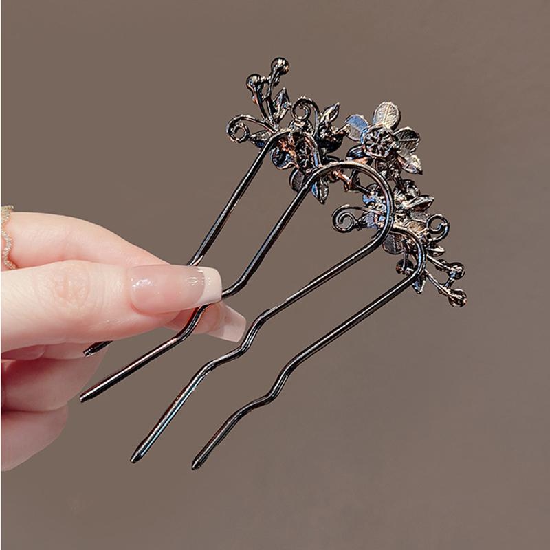 Chinese Ancient Exquisite Pearl Rhinestone Flower U-shaped Hair Comb Women Elegant Temperament Daily Metal Hairpin