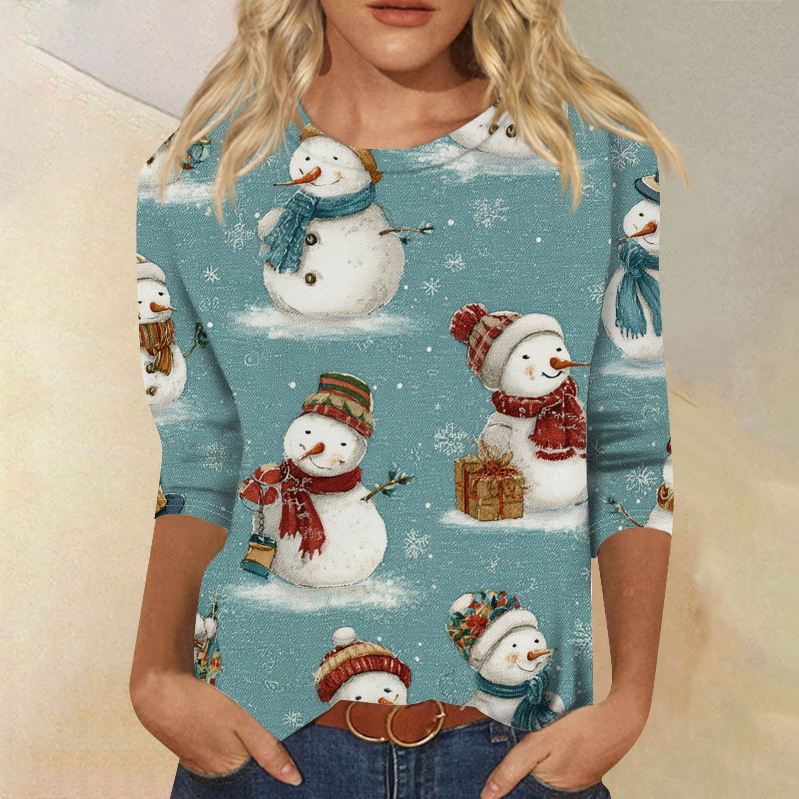 

Женская модная повседневная футболка с рукавом три четверти, принтом на Хэллоуин и круглым вырезом L синий