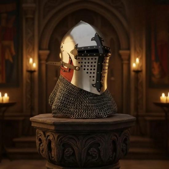 Medieval Bascinet Helmet with Chainmail Aventail, Handmade Helmet with Black Cross for LARP, Reenactment Cosplay