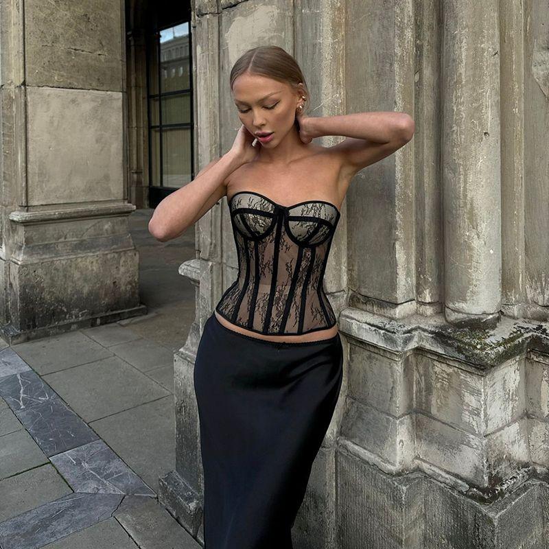 # Sisjuly# French Retro Lace Patchwork Fishbone Sexy Tube Top Female Sexy Skinny Slimming Easiest for Match Tops