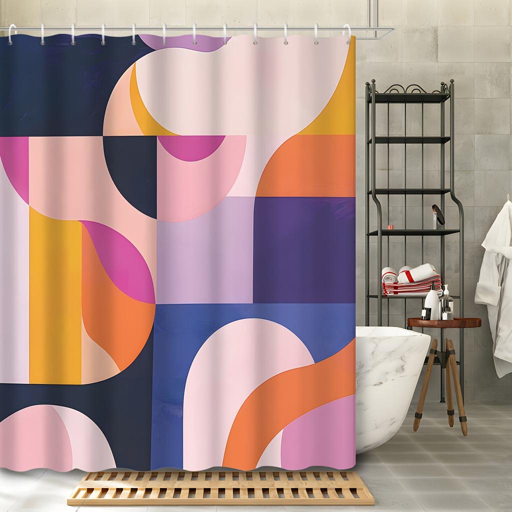 1pc Abstract Creative Art Geometric Line Aesthetic Shower Curtain, Contains 12 Hooks Shower Curtain, Bathroom Decoration