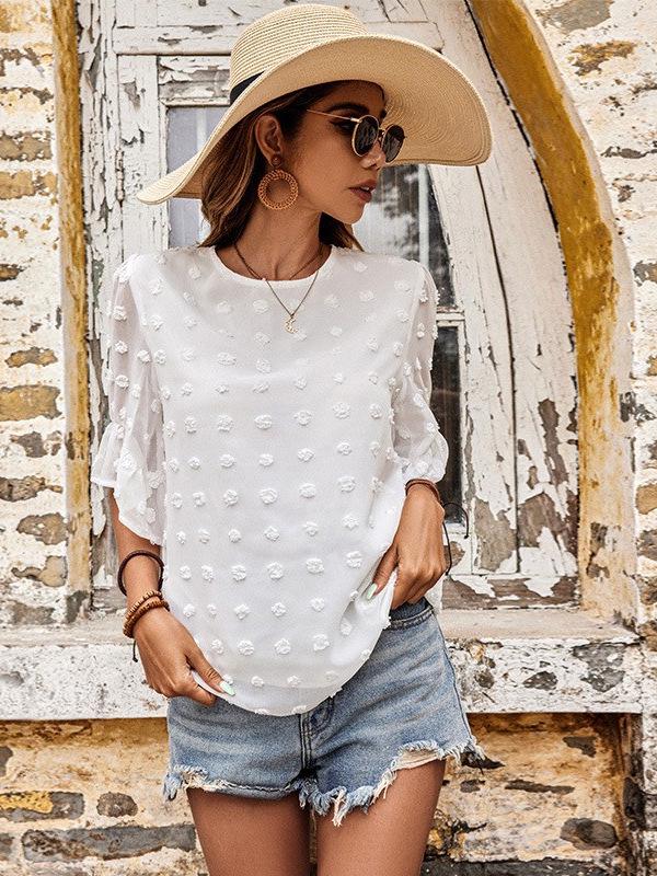 2025 Spring/Summer European & US White Ruffle Sleeve Round Neck Women's Loose Short Sleeve Fashion Top