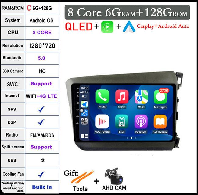 For HONDA INSIGHT 2 2009 2010 2011 2012 2013 2014 Android 14 Car Auto Radio Navi GPS Multimedia Player 4G+WIFI  Carplay Stereo