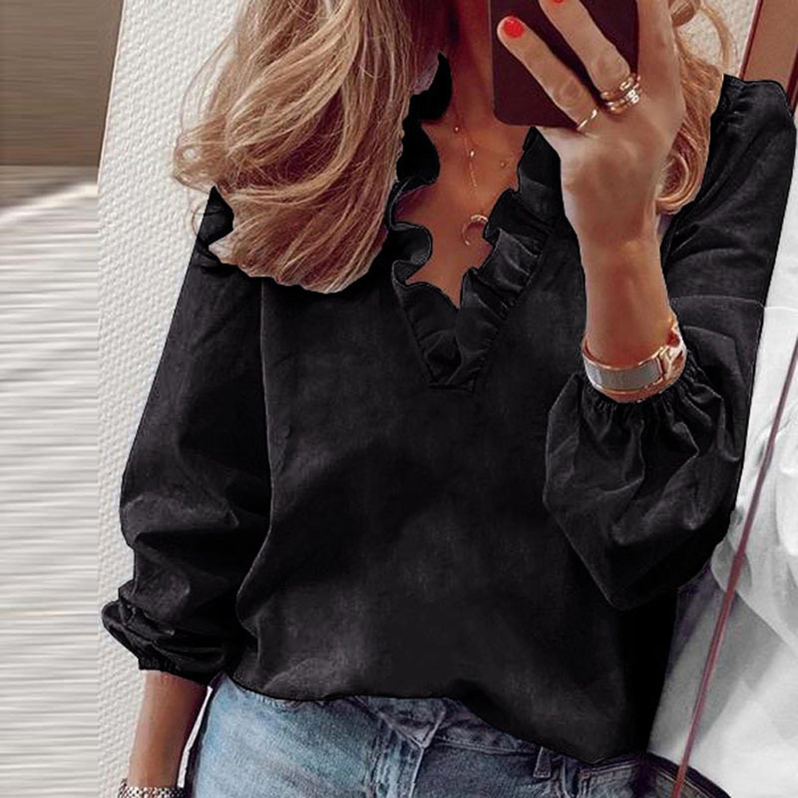 

Женская модная однотонная свободная осенняя рубашка с v-образным вырезом и длинными рукавами с рюшами XL чёрный