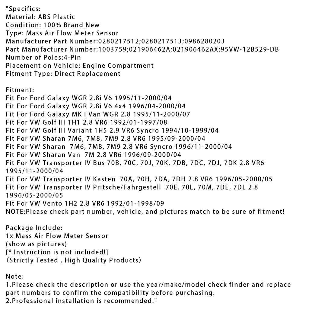 Mass Air Flow Meter Sensor For Ford Galaxy VW Golf III VR6 Sharan 0280217512