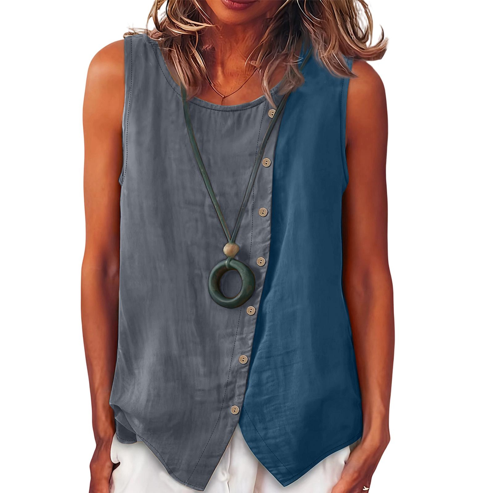 

Ladies Color Blocked Fashionable Temperament Elegant Round Neck Vest Top L синий