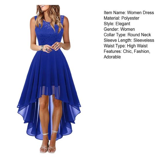 Women's Sleeveless Lace High Low Dress Crew Neck Cocktail Dress Formal Wedding Guest Swing Dress for Evening Party Prom