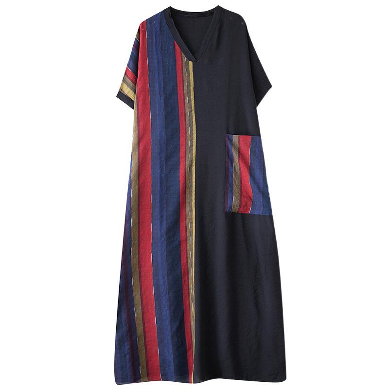 Sommer Fett Mm Dünn Baumwolle Leinen Schlankmachend V-Ausschnitt Kurzarm Kontrastierende Spleißung Mittellanges Kleid für Damen Kleider