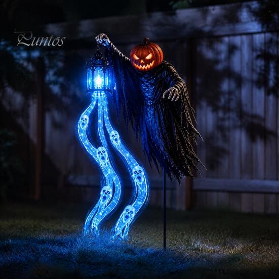 Festive Patio Lighted Displays Halloween Soul Harvester Solar Garden Stake Light, Animated Ghost Lantern with Reaper Yard Art Flowing LED Eyes,