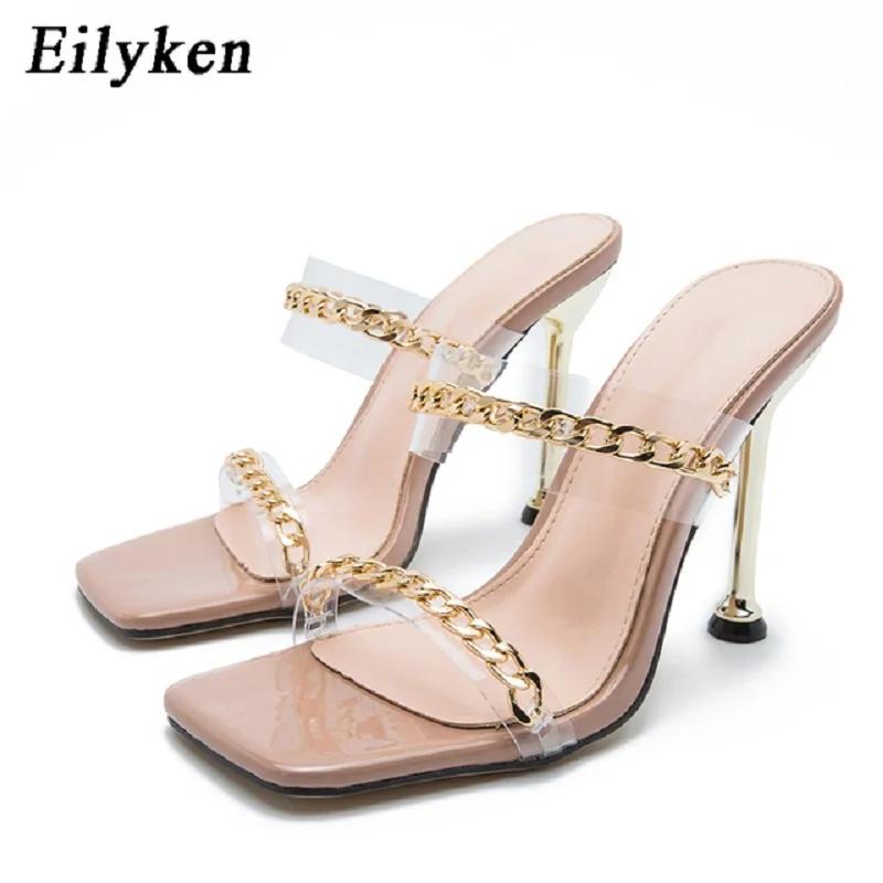 Fashion Eilyken Summer Pumps Fashion Chain Women Slippers Sandals Thin High Heels Slip On Square Toe Mules Slides Ladies Shoes