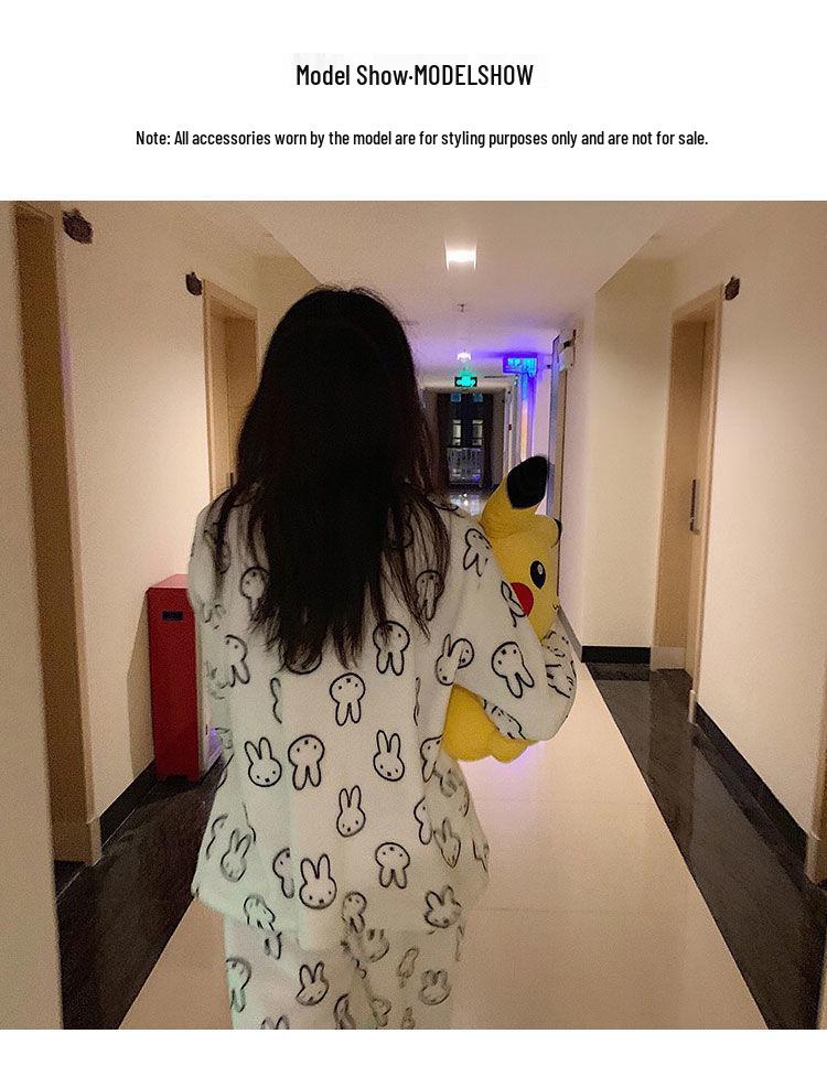 Damen Korallenfleece Cartoon Pyjama Set – Dicke, warme Flanell Hauskleidung für Herbst/Winter