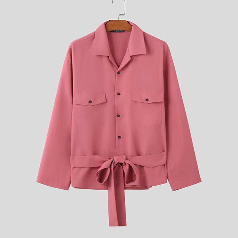 

INCERUN Весна Мужские рубашки с воротником-лацканом и длинным рукавом Однотонные рубашки на пуговицах Повседневные топы розовый