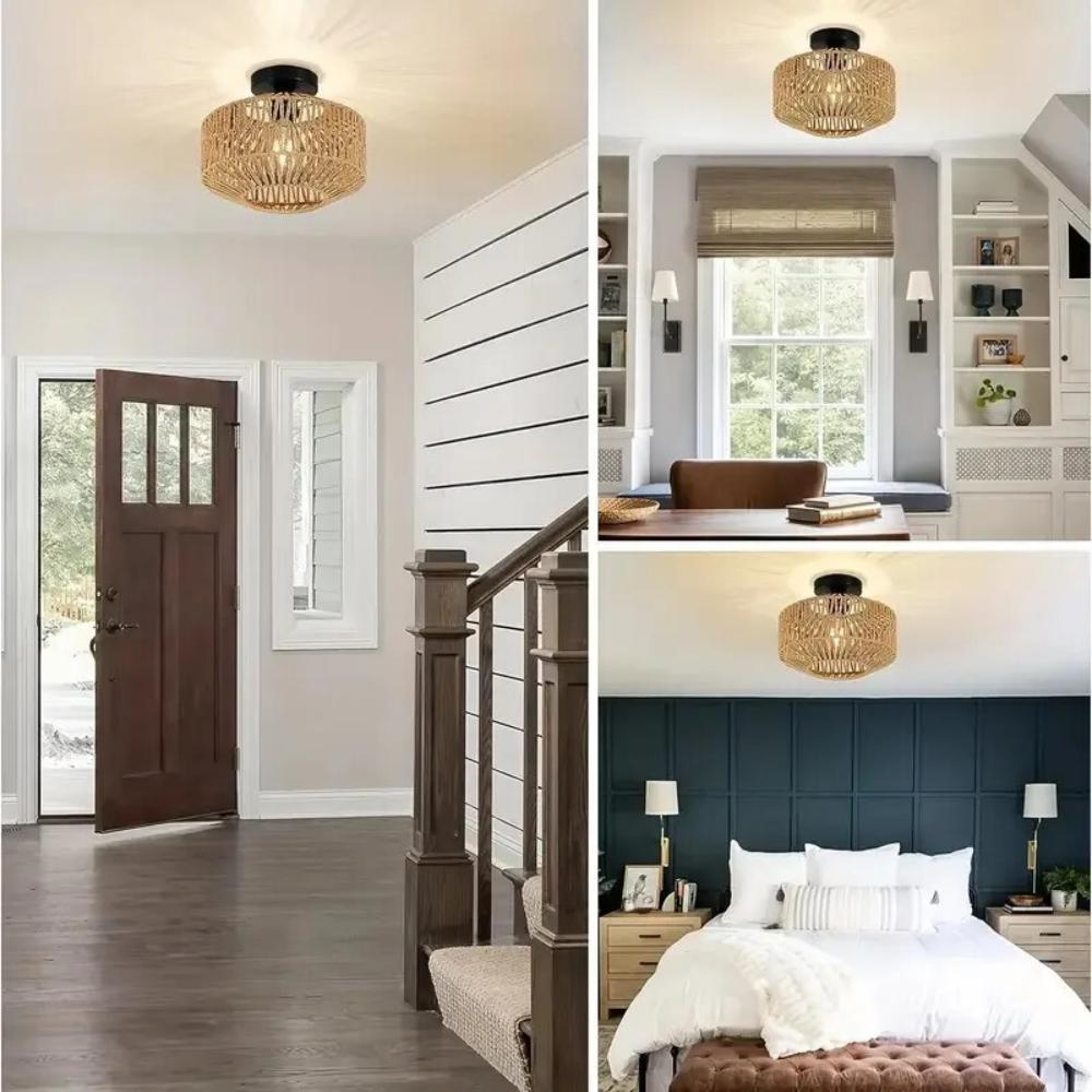 French Farmhouse Retro Chandelier – Handwoven Straw & Jute Shade with Wrought Iron Frame, Rustic Ceiling Lighting for Cafés