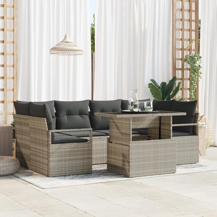 Set de Canapé de Jardin vidaXL 7 Pièces avec Coussins en Rattan Clair, Canapé de Jardin 2 Places vidaXL avec Rangement 3357495