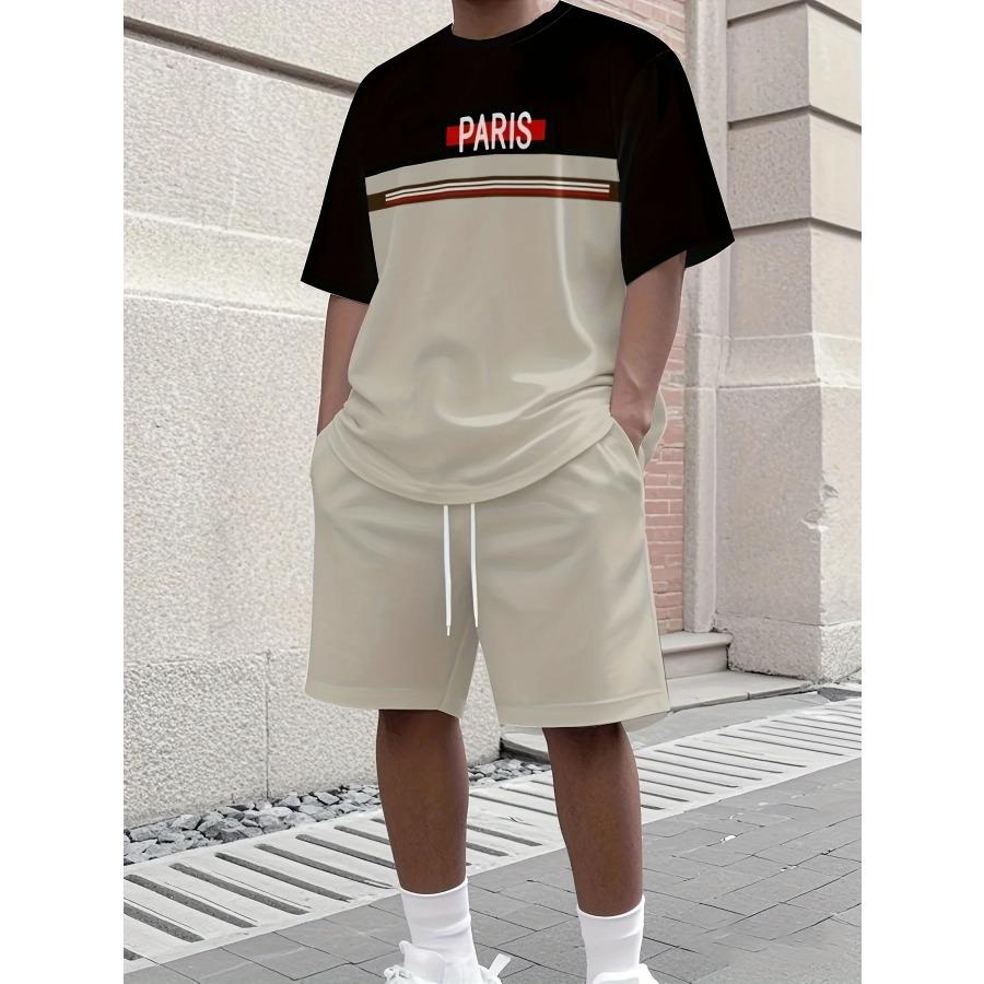 Summer Solid-Color T-Shirt and Shorts Set Letter Print Short-Sleeve Top with Drawstring Shorts Streetwear Men Fashion Sportswear