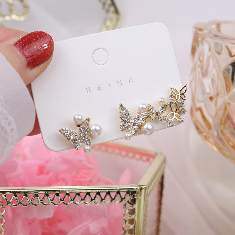 Korea New Fashion Jewelry 14K Real Gold Plating AAA Zircon Butterfly Asymmetric Earring Elegant Pearl Women's Daily Accessories