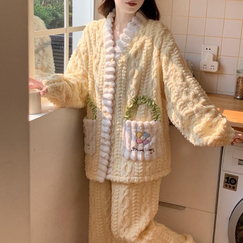 Soft Coral Fleece Pajama Set Women Winter Warm Thick Long Sleeve Lounge Wear Outfit