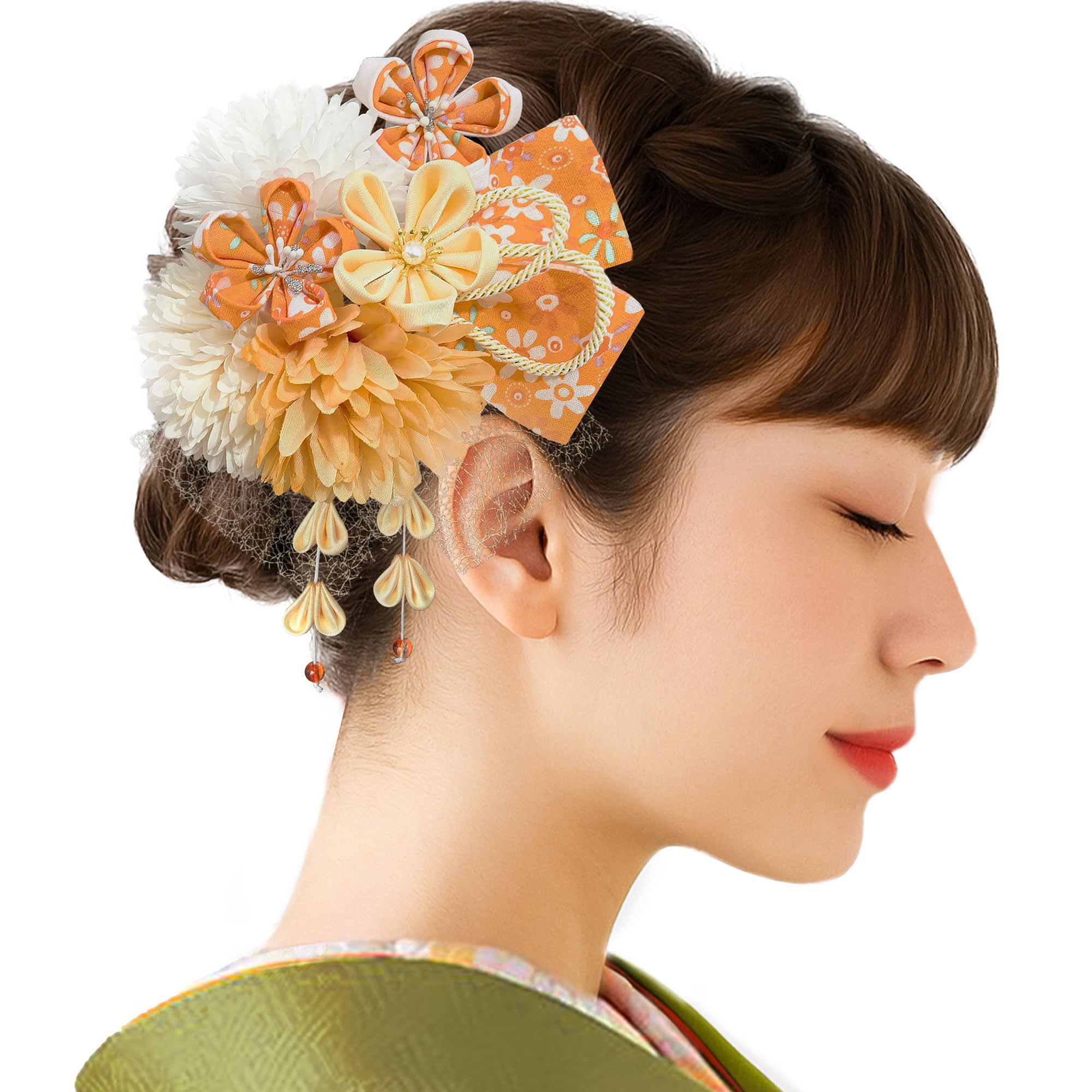 

JZOON Юката для волос ручной работы с цветком вишни, хризантемой пинг-понг, идеально подходит для и включает украшение B1006, цумами-дзаику (Дизайн «Весенние цветы»), оранжевый