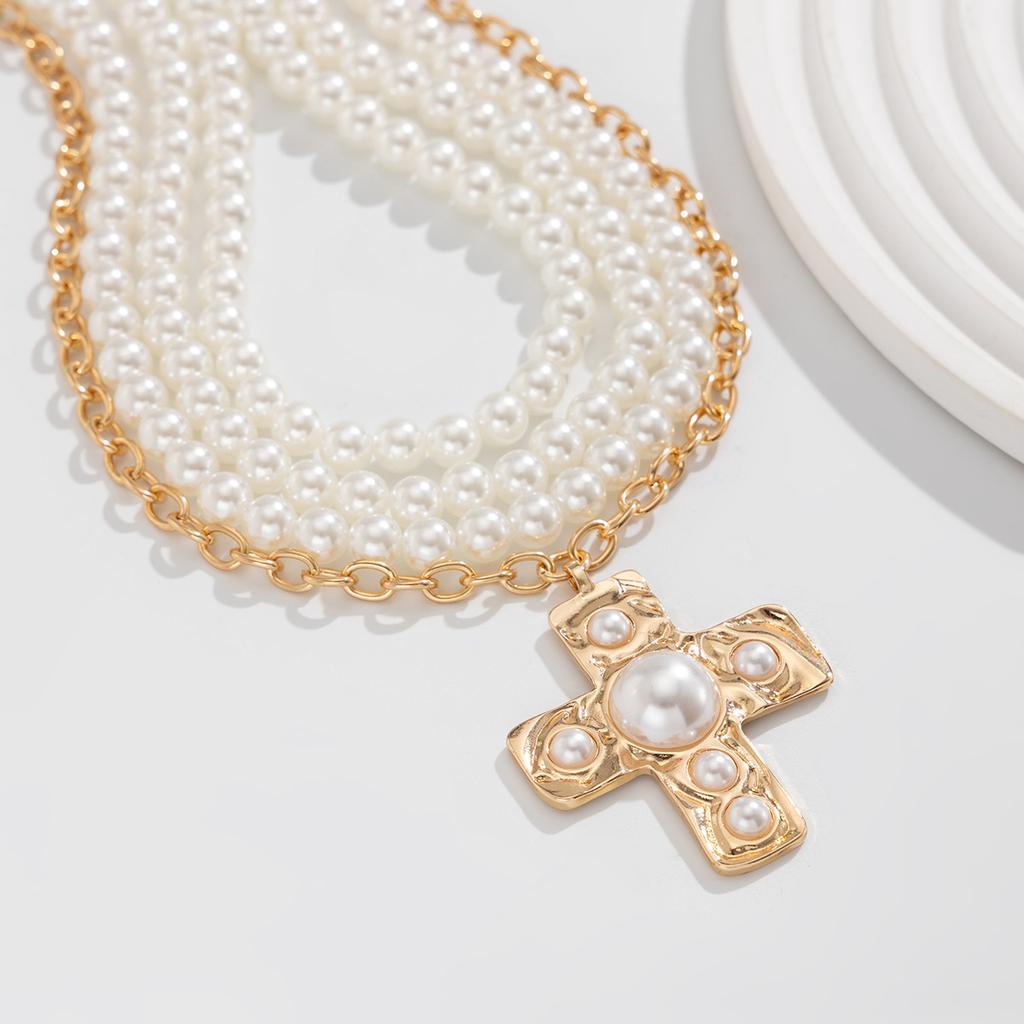Tooxika Breezy Cross Alloy Pendant Chain French Elegant Pearl Beaded Necklace