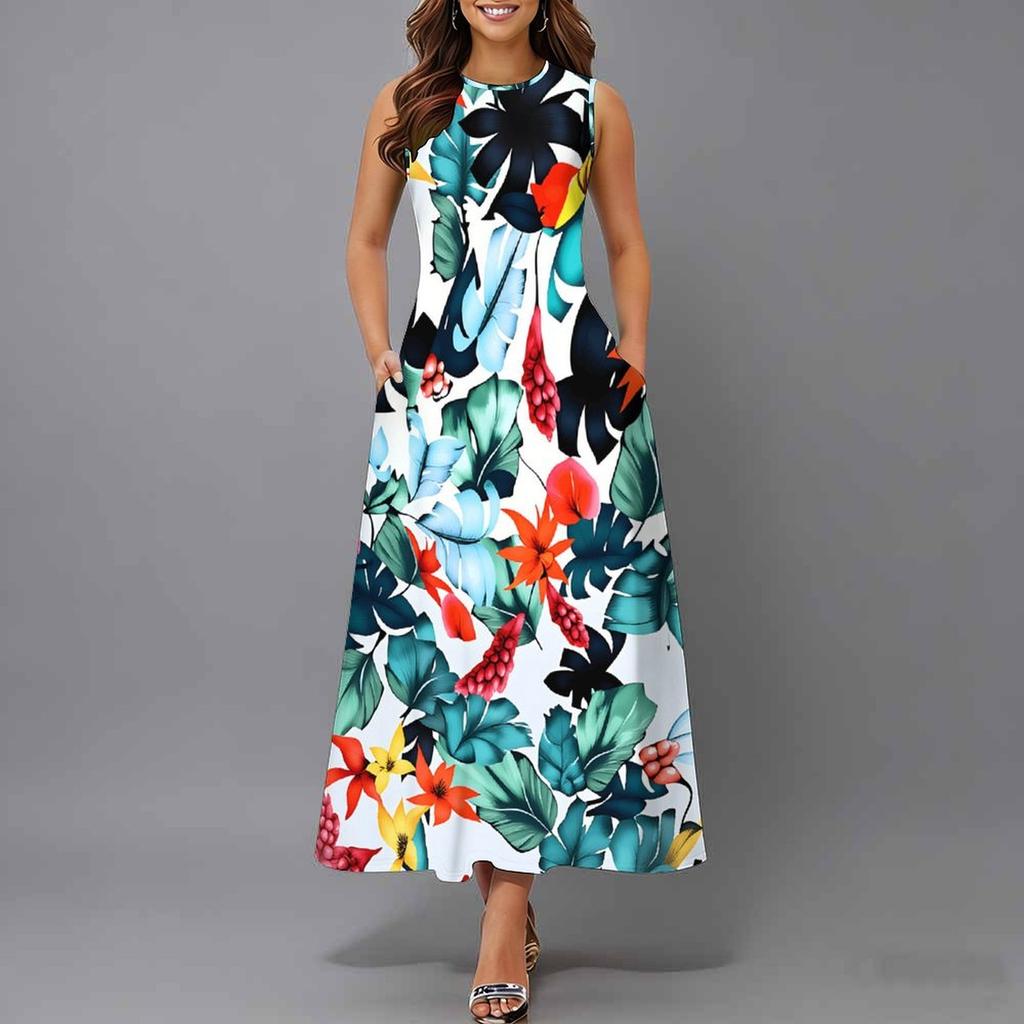 Plus Size Ladies Sleeveless Crew Neck Dress Exotic Palm Floral Printed Flowy Calf Length Outfit